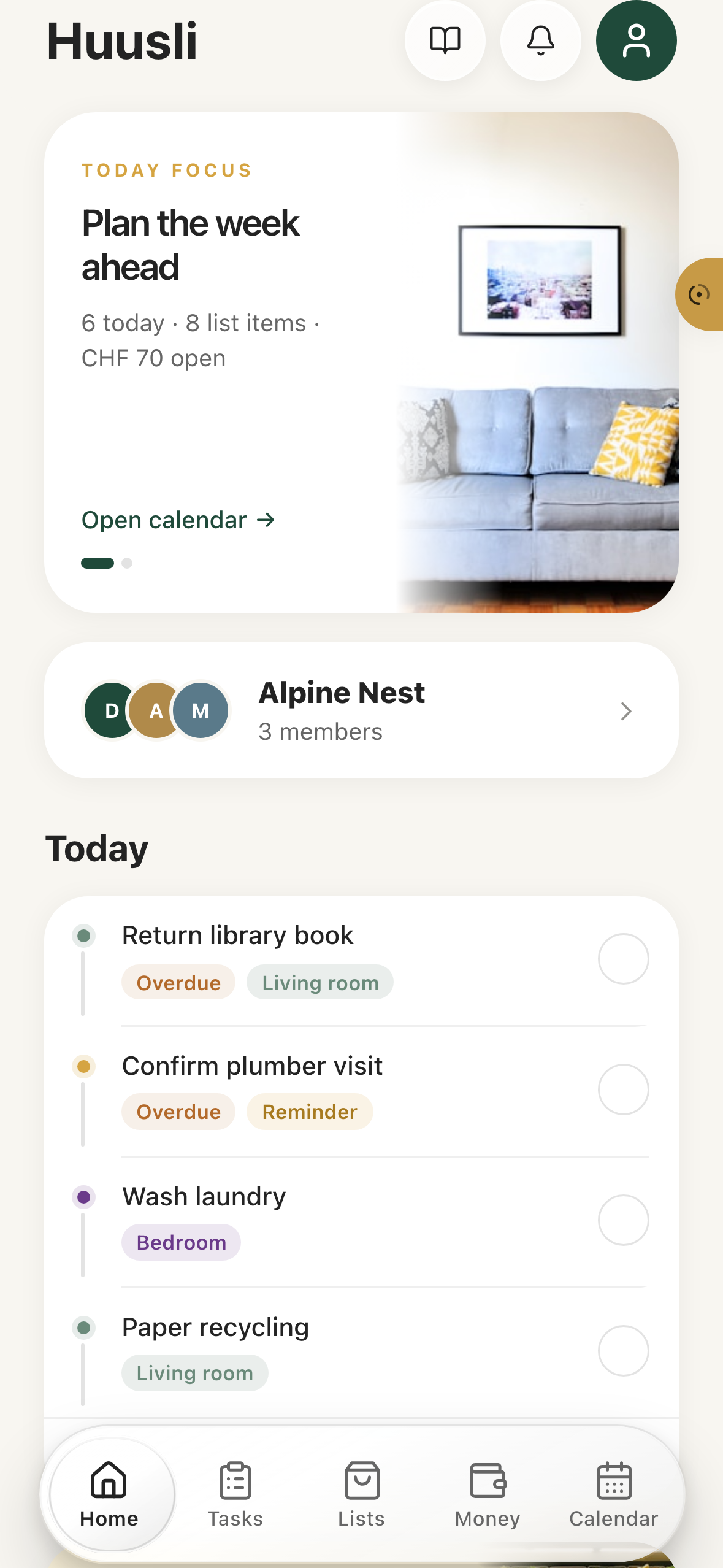 Huusli home screen